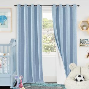 Baby Blue Linen Blackout Curtains for Nursery 90 Inch Length 2 Panels Set, Thermal Insulated Boho Total Black Out Noise Reducing Bonzer Grommets Window Curtains for Kids Bedroom, Each 52 Inch Wide