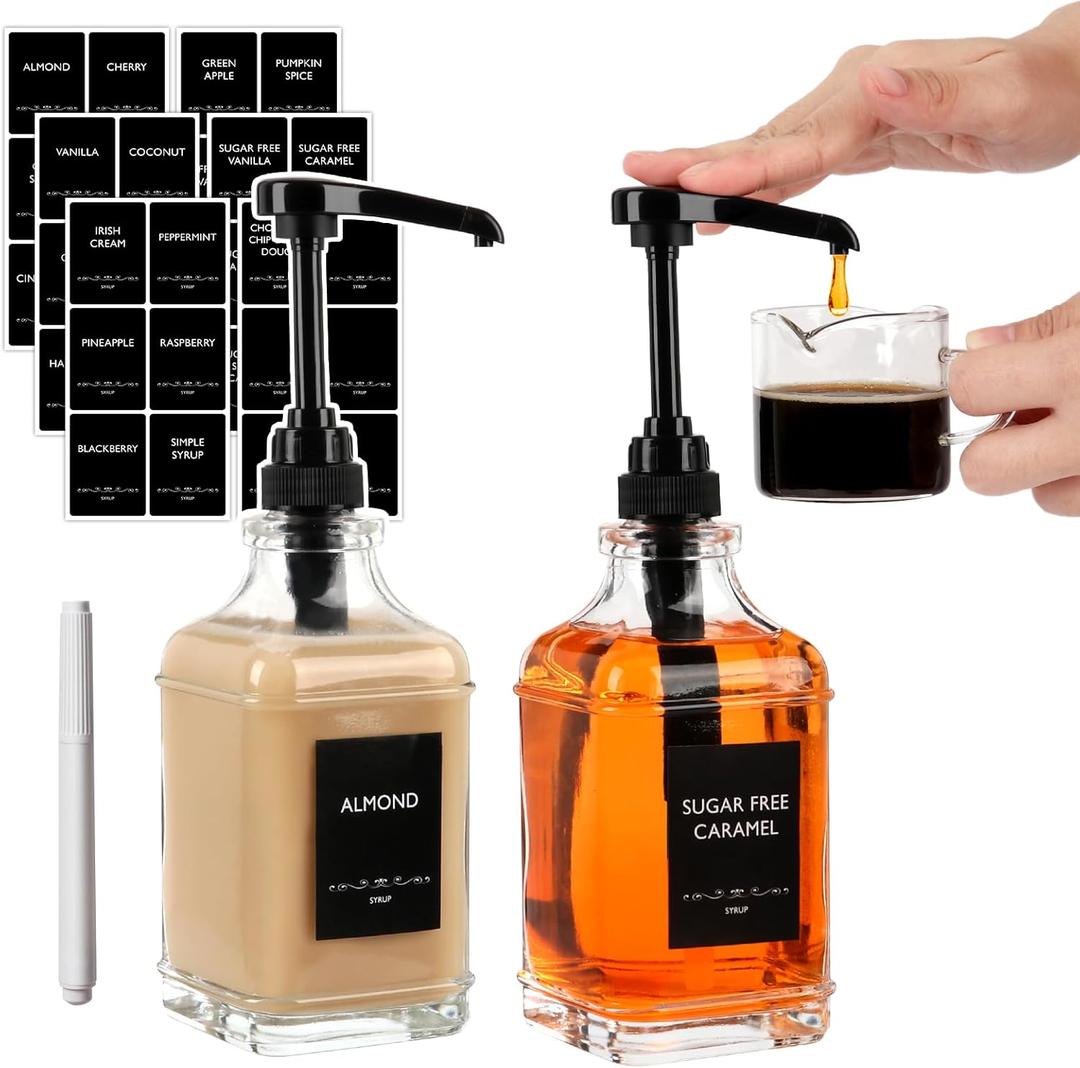 BIGIVACA Coffee Syrup Dispenser 16 oz 2 Pack,Clear Glass Syrup Bottle with 1/4oz Capacity Pump,Syrup Dispenser for Coffee Bar with Plastic Pump