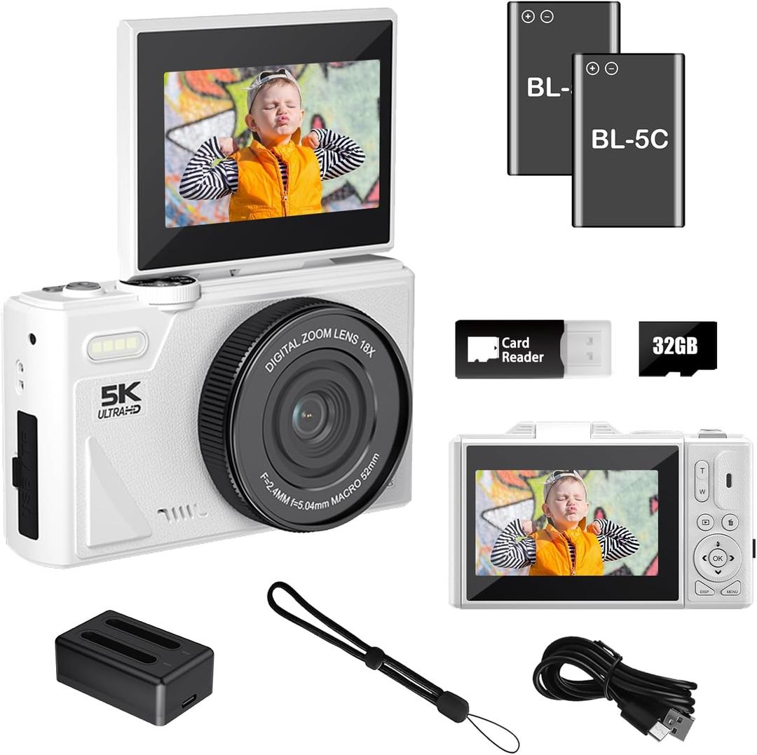 WGM Point and Shoot Digital Cameras Portable Camera FHD 64MP 4K Digital Camera with 16X Zoom Anti-Shake with Flip Screen (White)