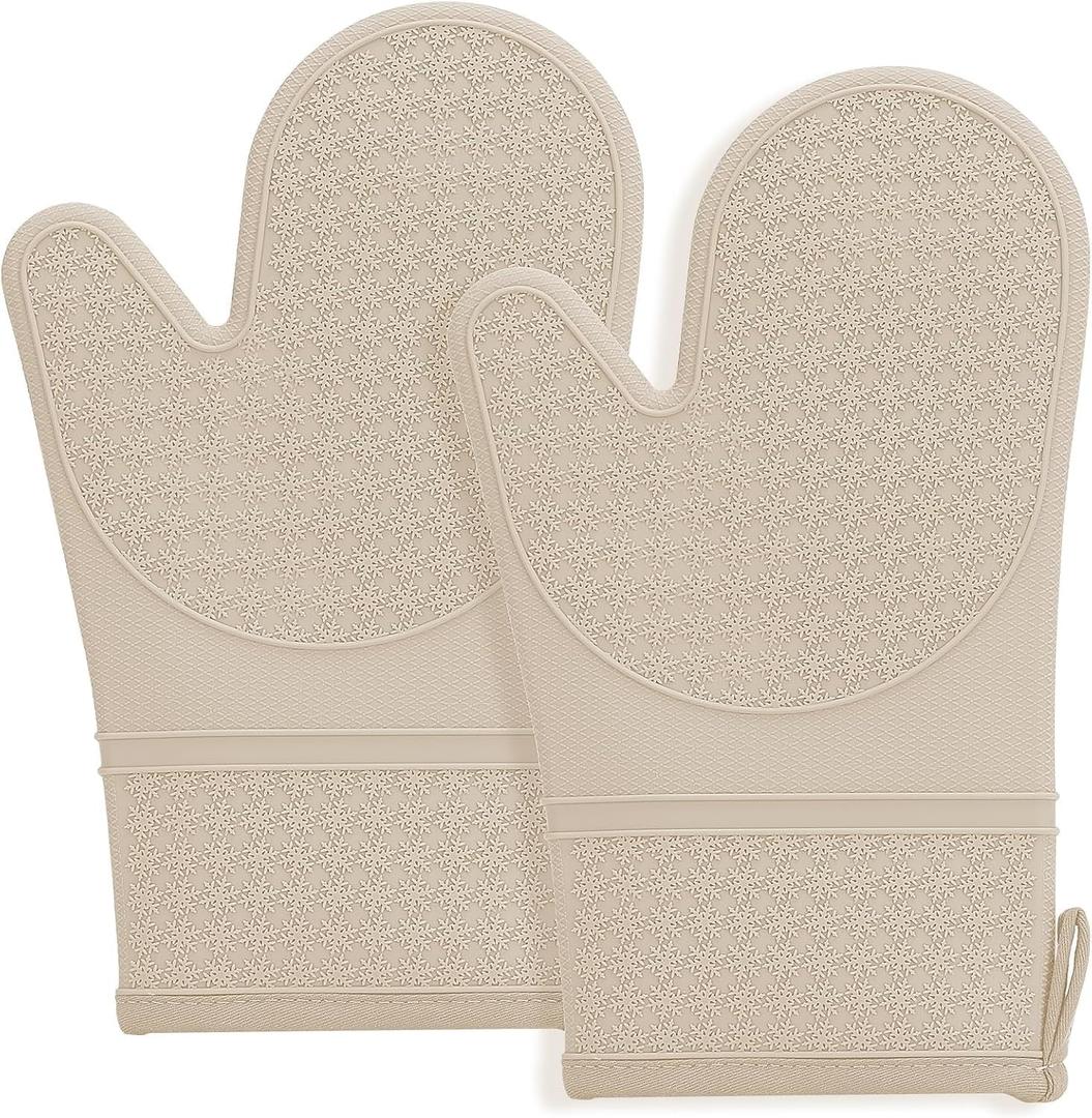 Hovico Silicone Oven Mitts, Heat Resistant 500F Kitchen Mitts 2PCS, 11.6" BPA-Free Soft Baking Gloves, Non-Slip Grip Oven Gloves with Soft Cotton Lining for Kitchen Cooking Baking BBQ - Apricot