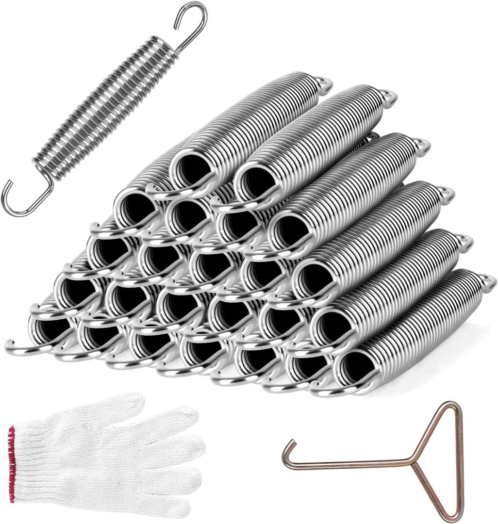 Trampoline Springs Heavy Duty Stainless Steel Replacement Trampoline Replacement Parts, Weather-Resistant, Includes Tool and Gloves, Universal Trampoline Spring Tool (7inch-24pcs)