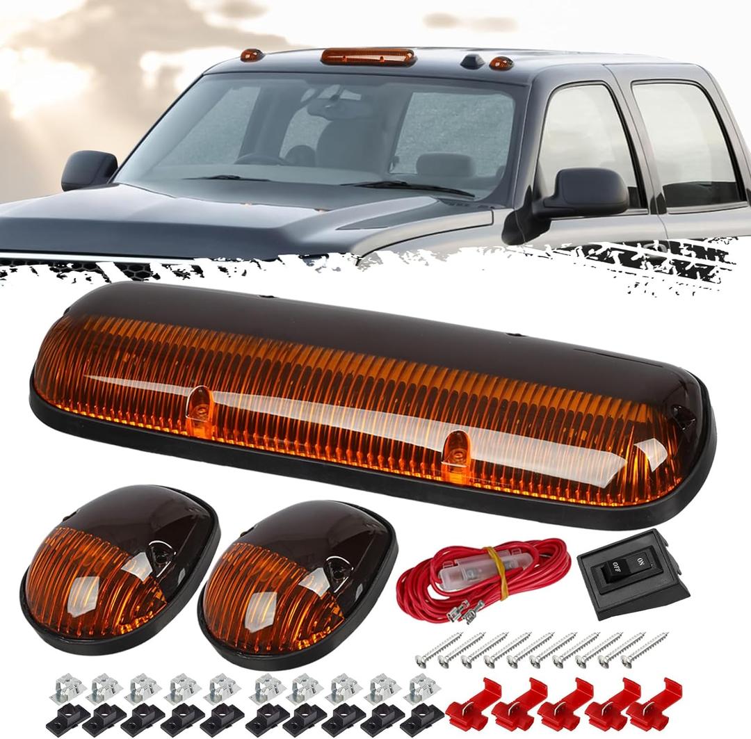 Partsam 3PCS Amber Cab Marker Roof Running Light Cover + Base w/Wire Harness Compatible with Silverado/Sierra 1500 1500HD 2500 2500HD 3500 2002 2003 2004 2005 2006 2007 Pickup Trucks