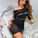 Womens Lingerie Fishnet Dress, Women's Sheer Mesh Long Sleeve Bodycon Dress - Rhinestone Embellished (Black)