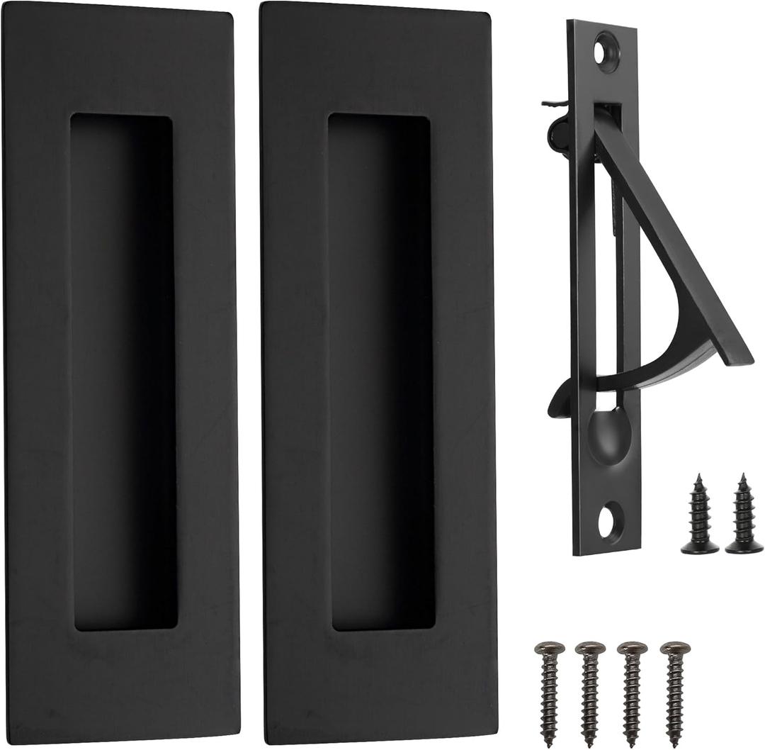 Pocket Door Pull and Edge Pull Set, Stainless Steel Pocket Door Hardware Recessed Flush Finger Pulls Rectangular Barn Door Pocket Door Handle (Matte Black)