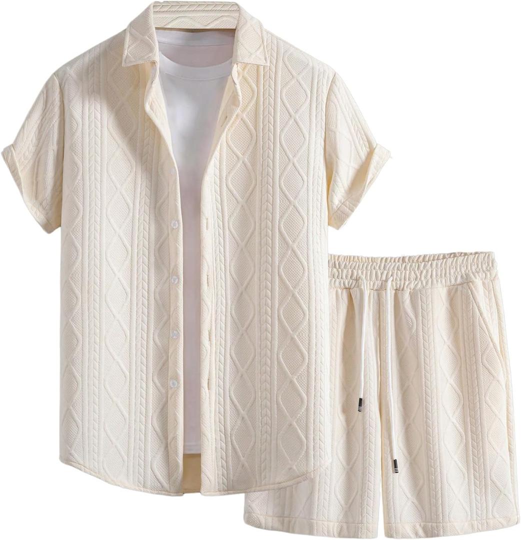 GORGLITTER Men's 2 Piece Outfits Waffle Knit Button Down Shirt Top and Shorts Set Beige X-Large