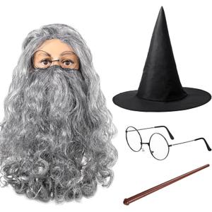 Geyoga Magic Wizard 4 Pieces Costume Set for Halloween Christmas, Included Wizard Hat Long Gray Wig and Beard Wand Glasses Frame for Adults Cosplay Party Accessory