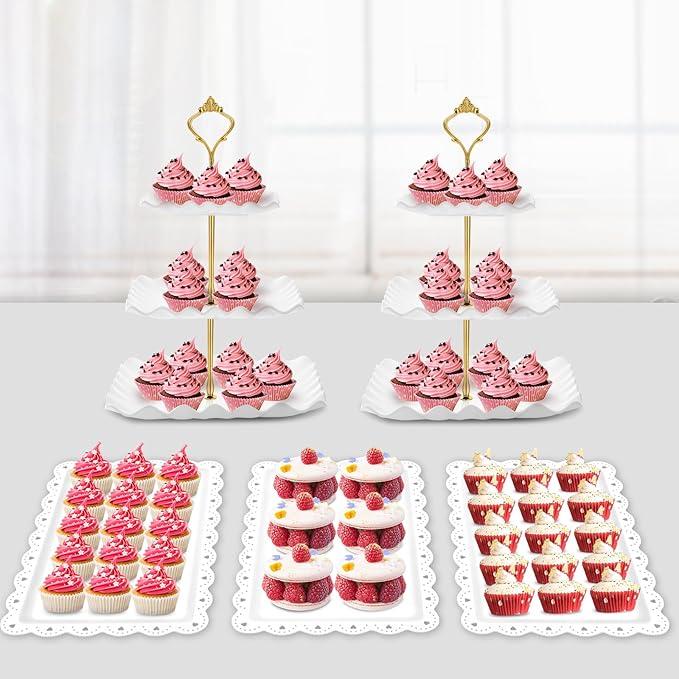 5 Pack Dessert Table Display Set - 2 x Three-Tier Square Cupcake Stands and 3 x Serving Trays, Elegant Tableware for Cakes, Cupcakes, Pastries, and Snacks, Perfect for Parties (White)