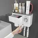 iHave Toothbrush Holders for Bathrooms, 2 Cups Toothbrush Holder Wall Mounted with Toothpaste Dispenser - Large Capacity Tray, Cosmetic Drawer - Bathroom Decor & Bathroom Accessories (White)