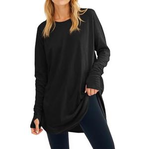 Fisoew Women's Casual Long Sleeve Tops Crew Neck Round Hem Loose T-Shirts Tunic Tops with Thumb Holes Black, Large