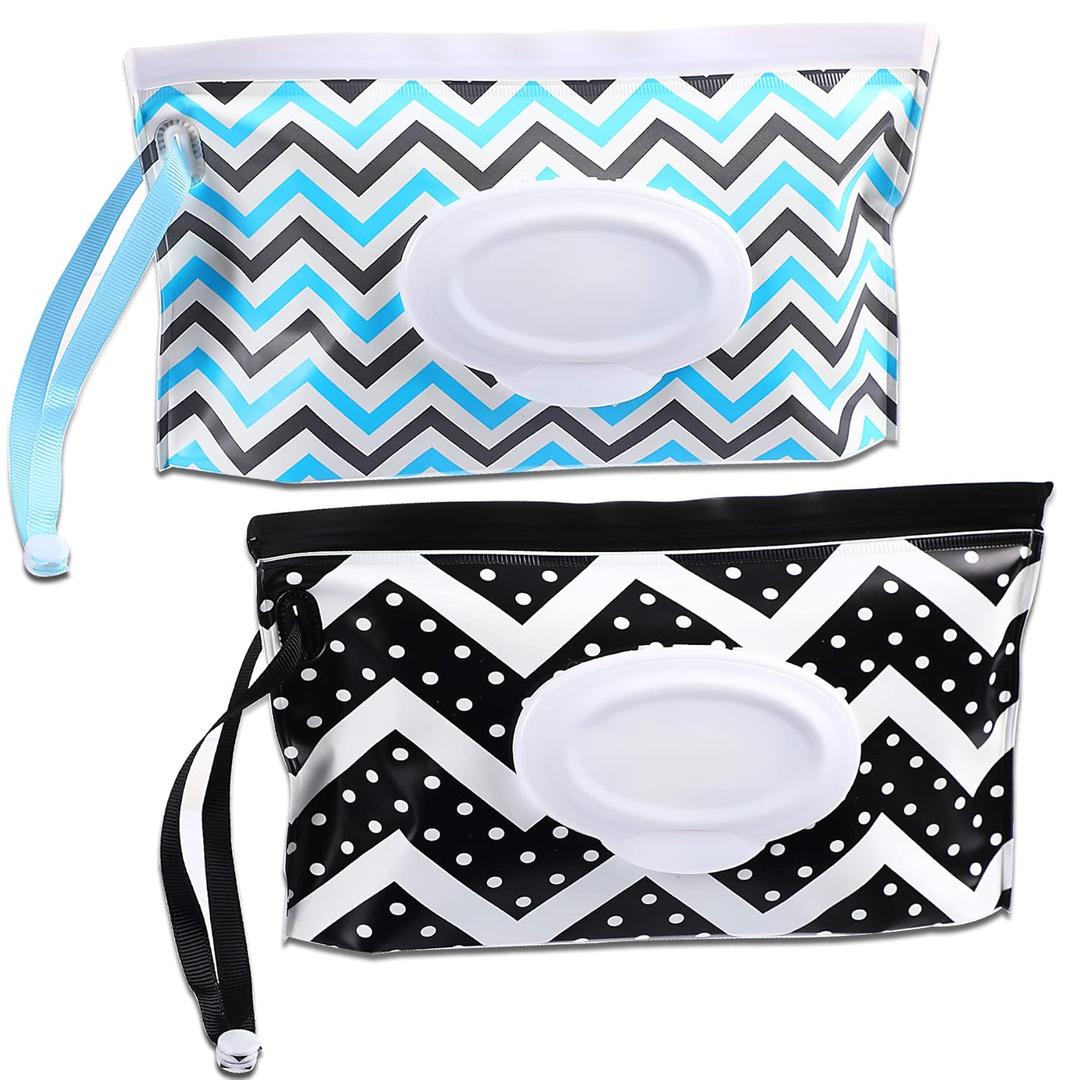FEBSNOW 2 Pack Baby Wipes Dispenser, Portable Refillable Wipe Holder Baby Wipes Container Travel Wipes Case Reusable Boho Wet Wipes Pouch (Multicolor F)