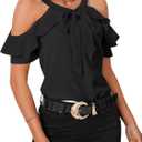 Rooscier Women's Cold Shoulder Tie Knot Round Neck Short Sleeve Ruffle Blouses Shirts Top (XS, Black)