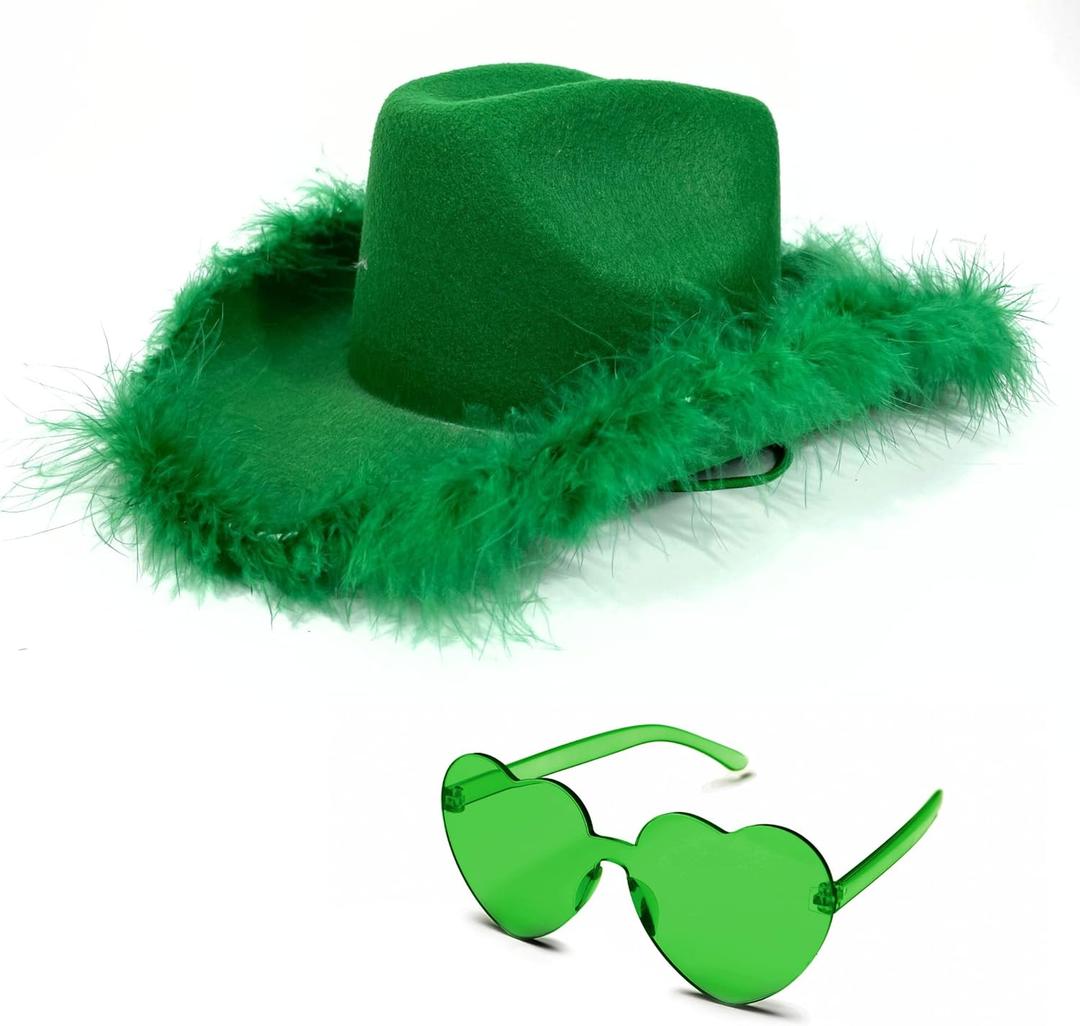 4E's Novelty Cowboy Hat with feathers With Heart Shaped Sunglasses for Women, Felt Cowgirl Hat for Party Costume Dress Up (Green)