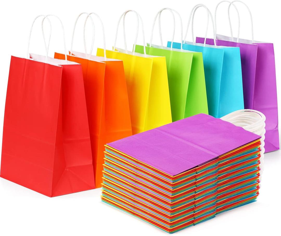 SHOPDAY 36 PCS Rainbow Kraft Paper Gift Bags with Handles, Medium Size 8 x 4.25 x 10.5 Inches, 6 Assorted Colors for Birthday, Wedding, Baby Shower, Multi-purpose Occasion
