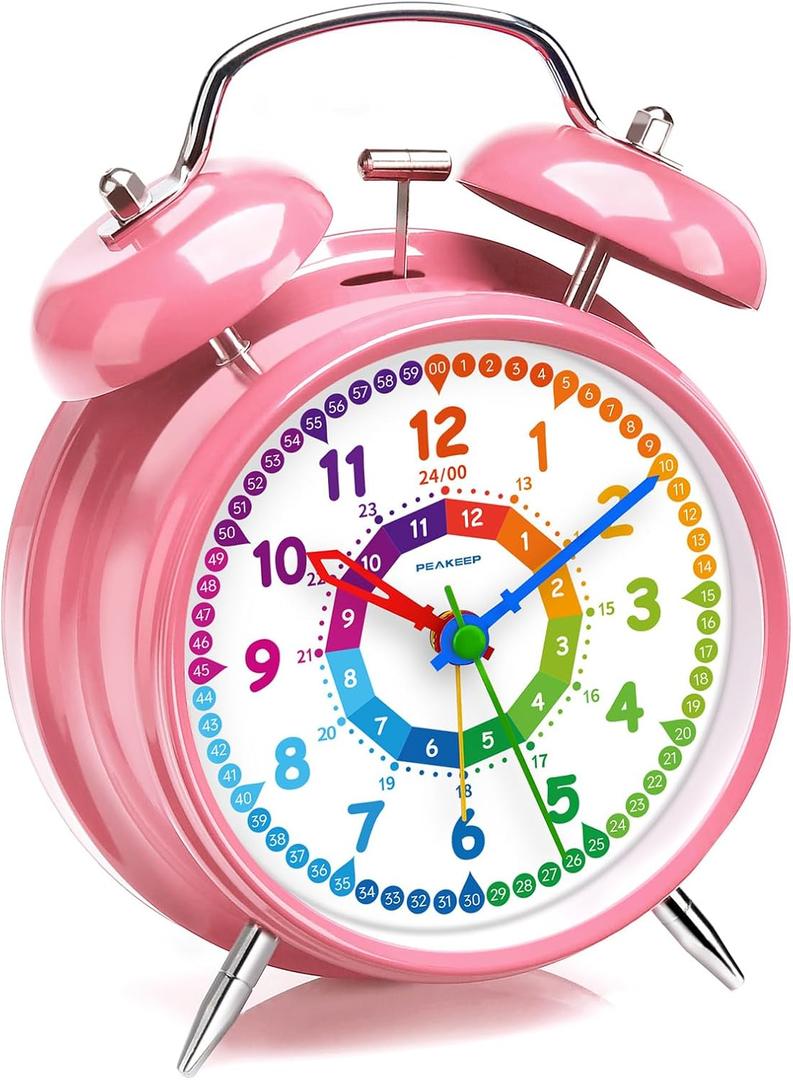 Peakeep Loud Analog Alarm Clock for Kids Learning Telling Time Teaching, 4.5" Twin Bell Alarm Clock Battery Operated for Heavy Sleepers Adults Teenagers Kids (Pink-rainbow)