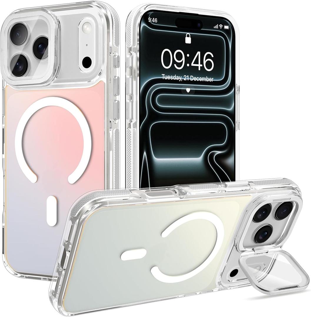 Cute Case for iPhone 17 Pro Max Case with Camera Lens Protector Stand for Women Girls Men [Compatible with Magsafe] Aesthetic Glitter Sparkly Bling Magnetic Phone Cover, Iridescent White