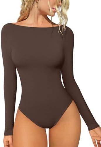 OQQ Bodysuits for Women Boatneck Long Sleeve Basic Stretch Classic-Fit Tops Sexy Bodysuit M