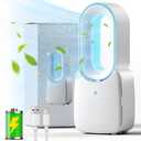 Misby Rechargeable Desk Fan, 5-color LED Light Bladeless Table Fan of 11.8 Inch, White Desk Fans Small Quiet for Bedroom, Home, Office