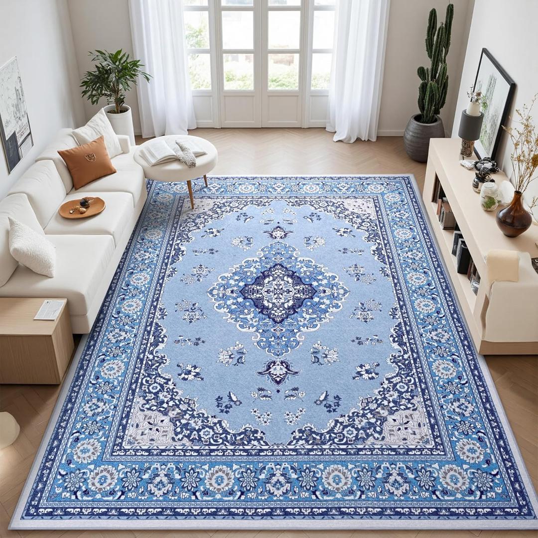 Tepook Large Washable Area Rug for Living Room, 8x10 Bright Blue Boho Rugs for Bedroom, Non-Slip Thin Low Pile Vintage Throw Carpet for Office Dining Room Kitchen Home Decor