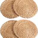 kilofly Natural Water Hyacinth Weave Placemat Round Braided Rattan Tablemats 11.8 inch x 4pc