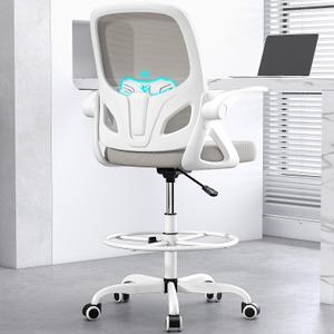 Kensaker Drafting Chair Tall Office Chair, Ergonomic Standing Desk Chair with Adjustable Foot Ring and Flip-up Armrests, Mesh Computer Chair for Art Studio, 300 LBS, Gray, K255-S