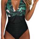 SUUKSESS Women Sexy Tummy Control One Piece Swimsuits Halter Push Up Bathing Suits (Large, #1 Tropical Floral Black)