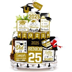 22 Pcs 2025 Graduation Tiered Tray Signs Sets Farmhouse Wooden Class of 2025 Graduation Signs for Home Party Tiered Tray Table Office Desk(Gold)