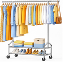 Heavy Duty Clothes Rack Load 650 LBS, Rolling Clothing Rack for Hanging Clothes with 2 Sturdy Shelves, Metal Garment Rack with Wheels for Bedroom, Laundry Room, Retail Store, Silver