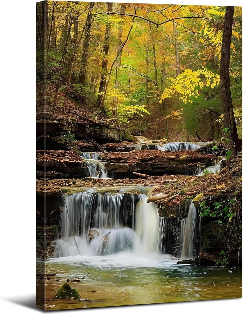 Waterfall Canvas Wall Art Sunset Forest Wall Decor for Living Room Green Woodland River Landscape Canvas Prints Pictures National Park Posters Natural Artwork for Bedroom Home Decoration 24x36"