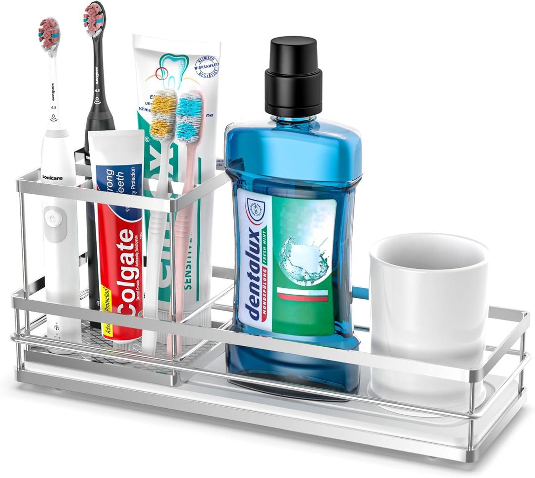 Silver Toothbrush Holders for Bathrooms, 4 Slots Tooth Brushing Organizer, Electric Tooth Brush Toothpaste Holder, Kitchen Countertop Sink Caddy Storage