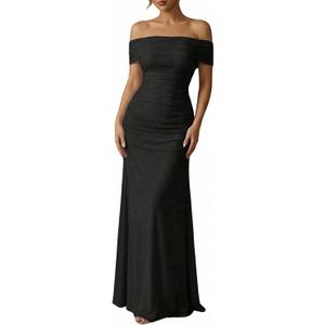OYOANGLE Women's Off the Shoulder Maxi Dress Short Sleeve Elegant Ruched Party Wedding Guest Dresses (Black, Medium)