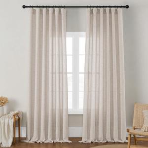Linen Curtains 108 Inches Long for Bedroom Semi Sheer Flax Burlap Beige Tan Linen Curtains Ceiling to Floor Drapes Rod Pocket Hook Belt for Living Room Guest Room 108 Inch Length Set of 2