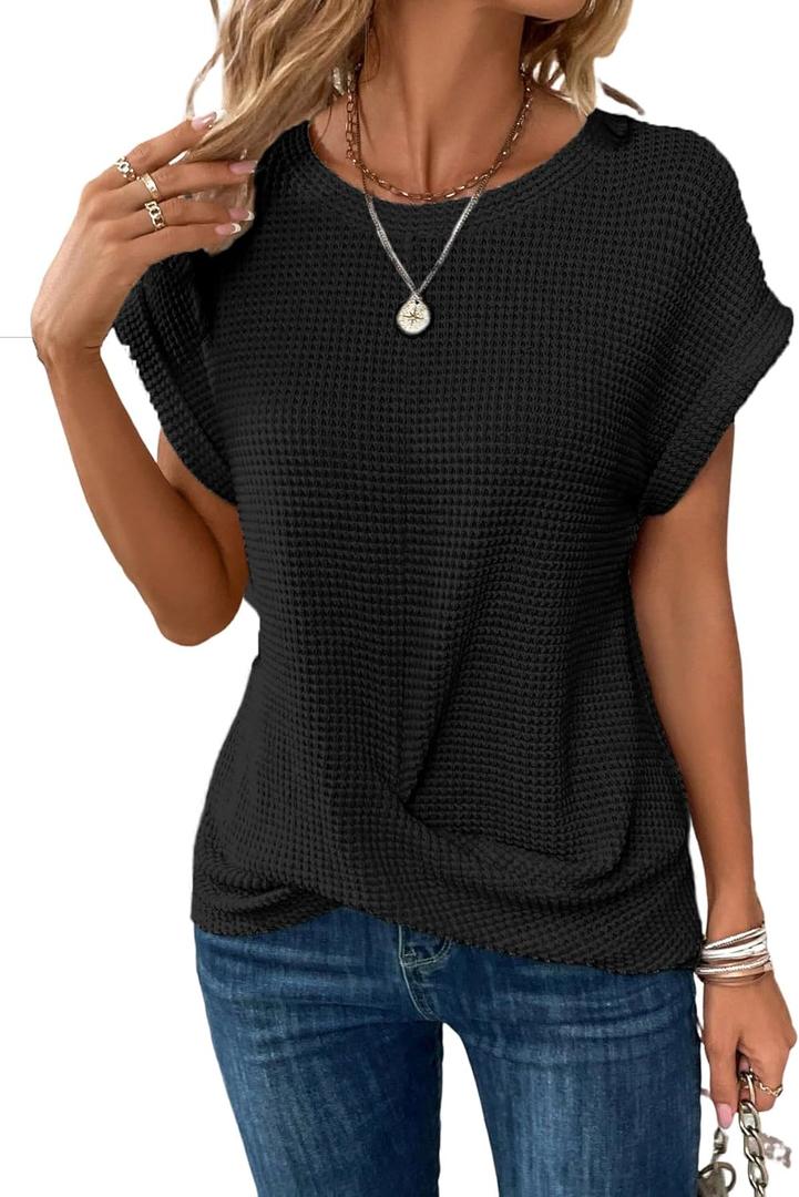 KevaMolly Womens T Shirts Black Batwing Sleeve Cross Wrap Hem Tee Casual Tshirt Trendy Fitted Tee Tops Color11 XL