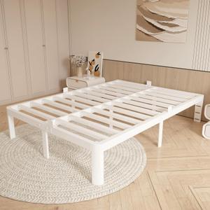 14 Inch White Queen Bed Frame with Metal Gaskets, Anti-Slip Mattress Stopper, No Box Spring Needed, Heavy Duty Steel Slat Support, DIY Headboard, Round Corner Leg, Easy Assembly