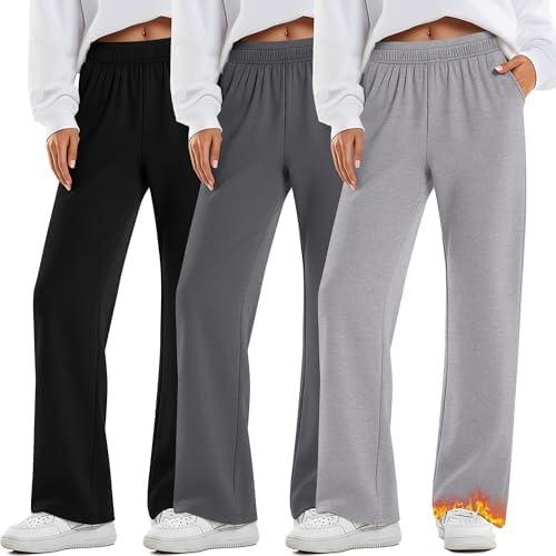 Oakgarden 3 Pack Women's Fleece Lined Sweatpants Wide Leg Warm Thermal Baggy Pants Lounge Straight Leg Sweatpants with Pockets M