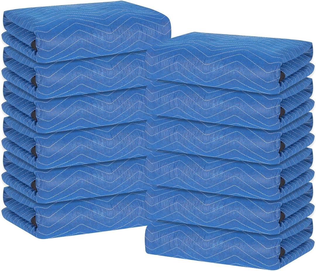 Moving Blankets 12 Packs, Extra Large 80"x72" Furniture Moving Pads, Reusable Packing Blankets, Professional Quilted Furniture Shipping & Storage Pads for Couch Desk Cabinet Appliances, Blue and Black