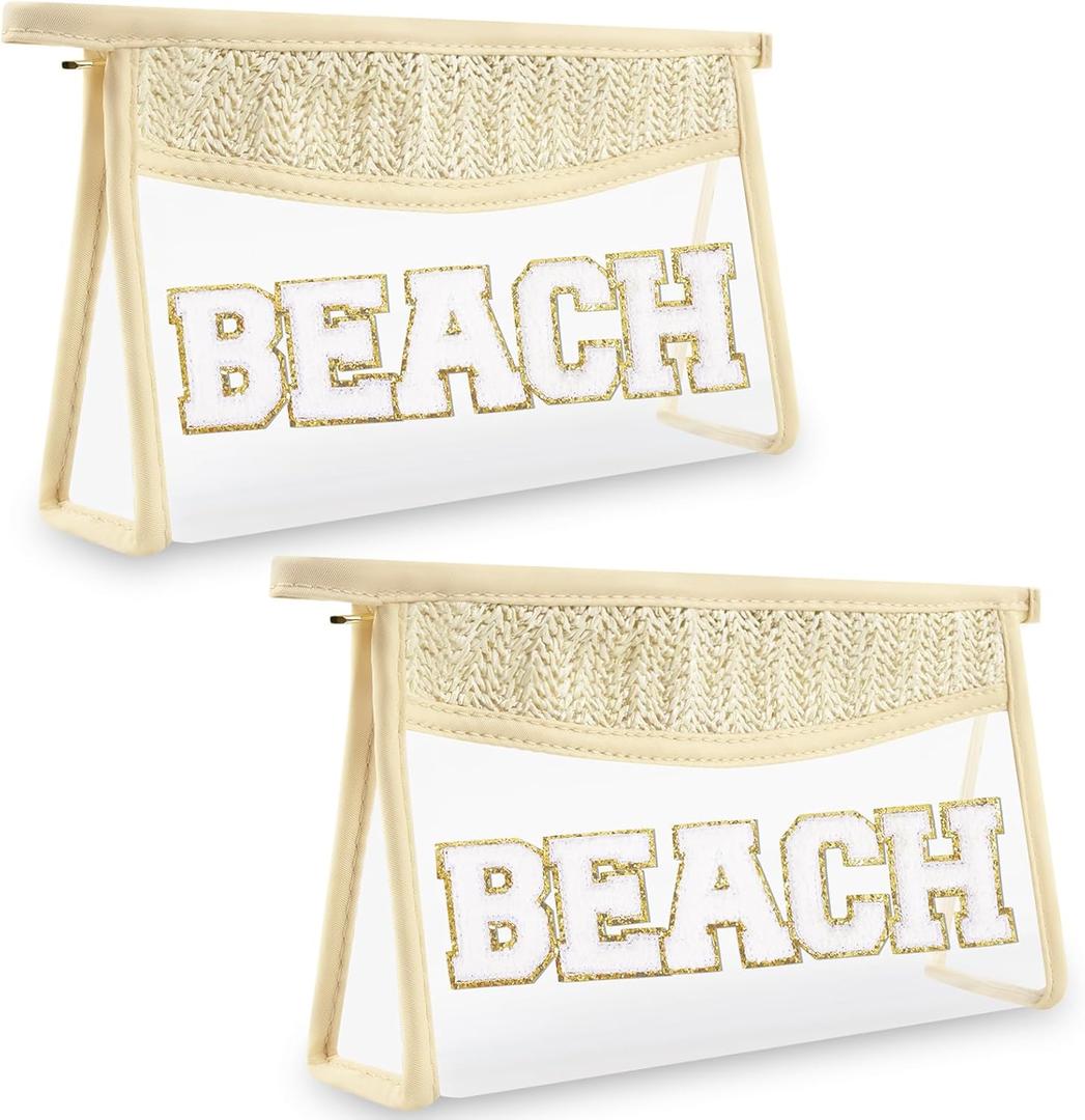 2 Pcs Boho Straw Clear Makeup Letter Bag BEACH Pouch, Sunscreen Bags for Beach Travel Small Cute Chenille Letter SPF Bag Pouch,Waterproof Beach Toiletry Sun Bag Best Beach Accessories for Women(BEACH)