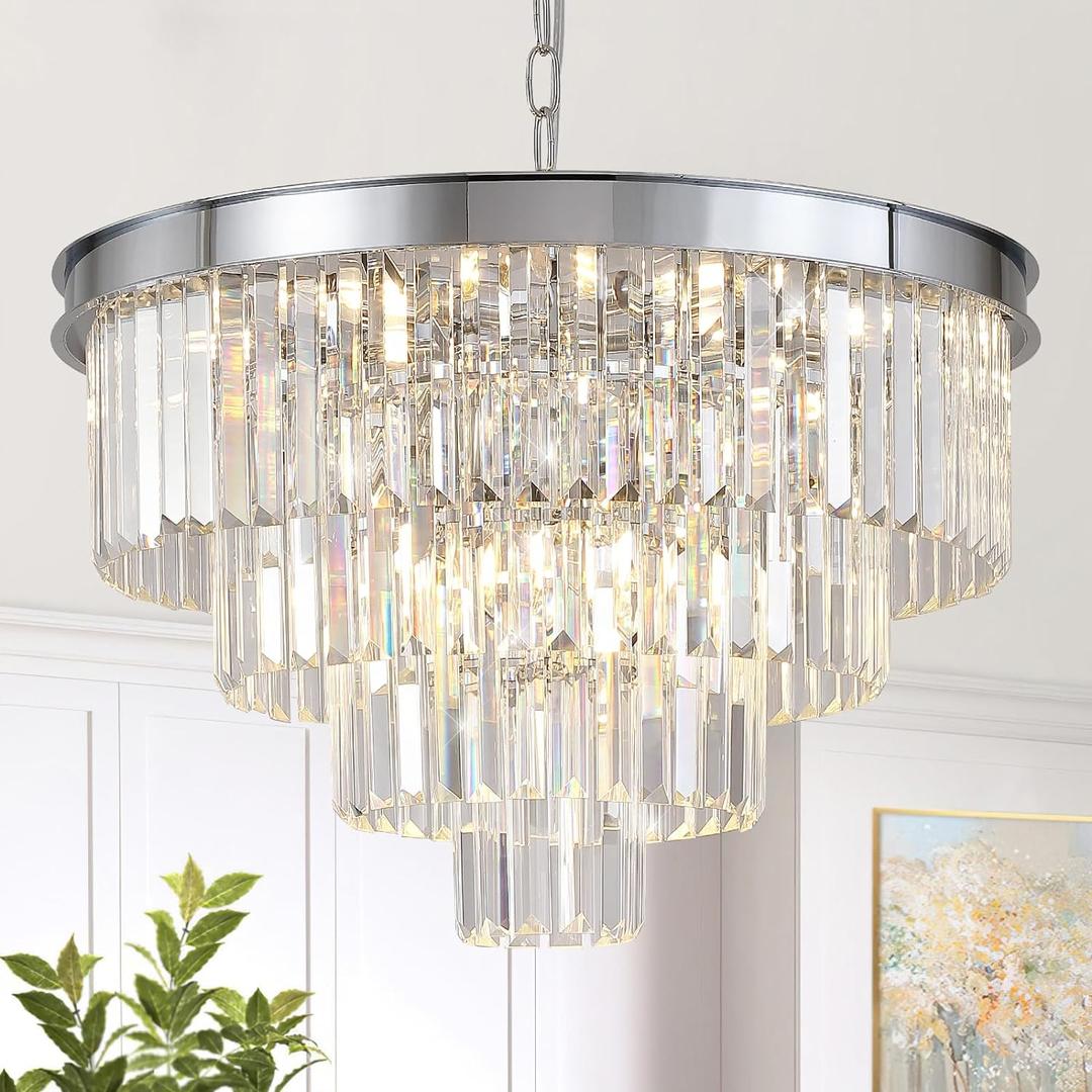 Chrome Crystal Chandelier 24 Modern Chandelier for Dining Room Round Ceiling Pendant Light Fixture 4 Tiers 12 Lights Luxury Large Chandelier for Entryway Living Room Bedroom Chrome Crystal Chandelier 24 Modern Chandelier for Dining Room Round Ceiling Pendant Light Fixture 4 Tiers 12 Lights Luxury Large Chandelier for Entryway Living Room Bedroom