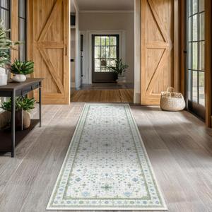 Hazo Haus Oushak Wide Hallway Runner Rug 2'6"x8' - Vintage Turkish Floral, Washable Low Pile Non Slip Extra Long Runners for Kitchen, Hall Way - Cream Blue and Green