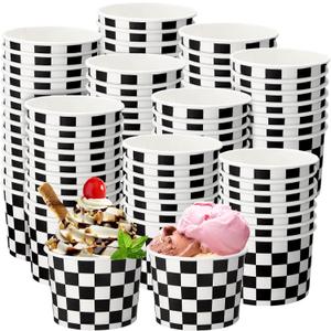Honeydak 200 Pack Black and White Checkered Ice Cream Cups Bulk 5 oz Small Disposable Treat Paper Cups Dessert Yogurt Bowls Snacks Sundae Yogurt Container for Summer Wedding Birthday Party Supplies