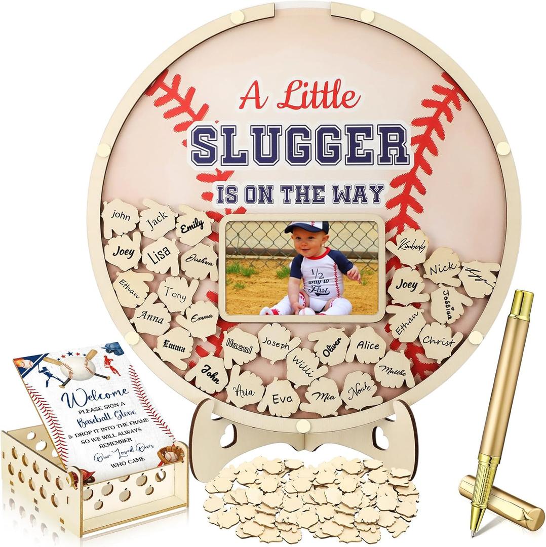 Wenqik 63 Pcs Baseball Baby Shower Guest Book Alternatives Set Baby Shower Decorations with Photo Frame Sonogram Frame Keepsake 60 Wood Slices Guest Book for Birthday