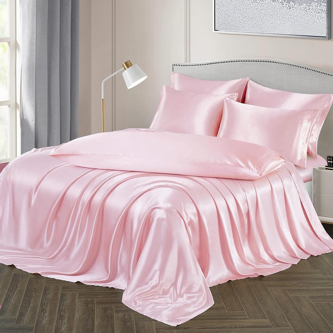 Ersmak 7 Pieces Satin Sheets Set Full Size, Luxury Silky Blush Pink Satin Bed Sheets Set with 1 Deep Pocket Fitted Sheet, 1 Soft Flat Sheet, 4 Queen Pillowcases and 1 Body Pillowcase