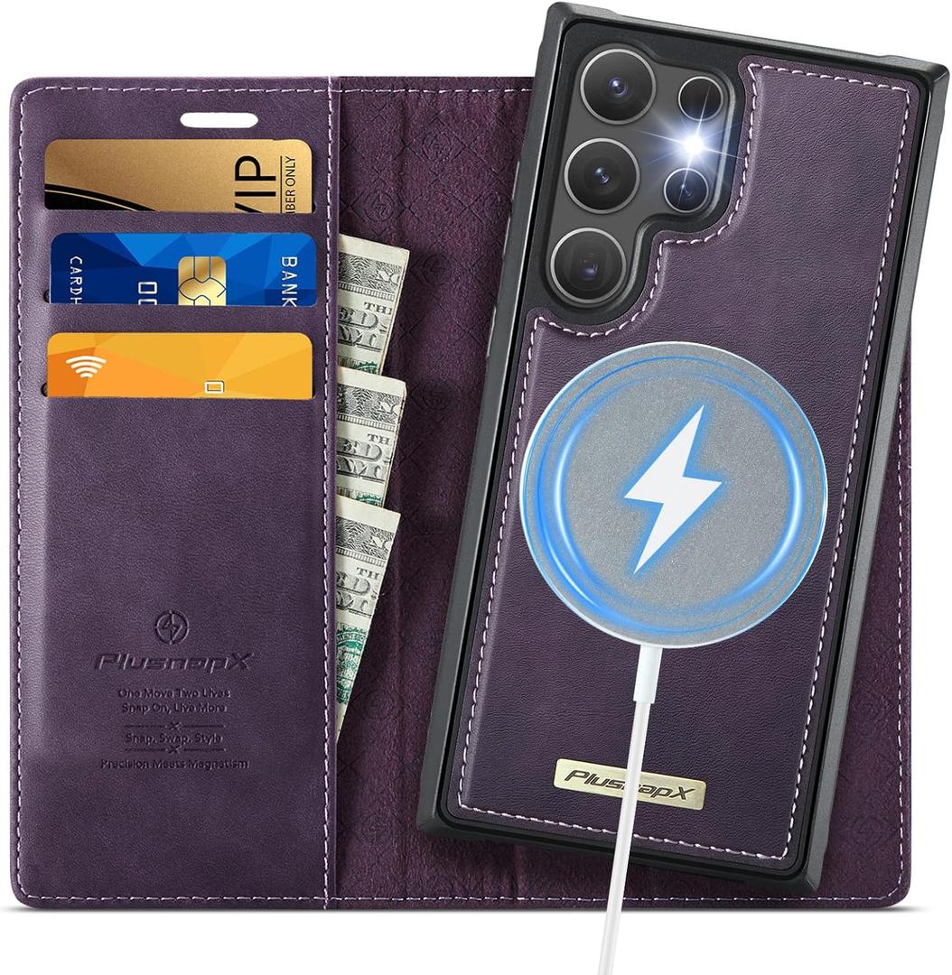 Wallet Case for Samsung Galaxy S25 Ultra Compatible with Magsafe, 2-IN-1 PU Leather Flip RFID Blocking Card Holder Stand Shockproof Magnetic Detachable Case for Galaxy S25 Ultra, Retro Purple