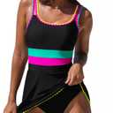 Popvil Women One Piece Swimsuit 2026 Tummy Control Bathing Suit Neon Modest Swim Dress with Skirt Full Coverage Size L