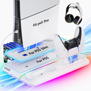 cocubal PS5/ Slim/Pro Stand and PS5 Cooling Station with Dual Controller Charger 3 Level Fan,3 USB Hub Fast Charge drive 9 RGB Light hard Slim Stand for All Disc & Digital Console Playstation 3 skins