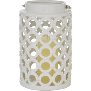 Deco 79 Ceramic Circles Decorative Candle Lantern with Cut Out Design, 7" x 8" x 11", White