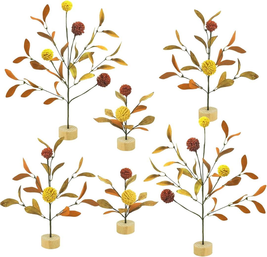 TORONTOKYO 6 Pieces Fall Village Trees, Faux Autumn Tabletop Trees, Fall Mini Tree with Billy Balls Wooden Base, Autumn Miniature for Harvest Thanksgiving Home Indoor Decor