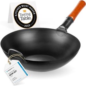 YOSUKATA 13.5" Carbon Steel Wok Pan  Pre-Seasoned Flat Bottom Pow Wok for Stir Fry, BBQ, Grill & Camping  Traditional Japanese Chinese Cookware  Compatible with Induction, Electric, Gas, Open Fire (34cm)
