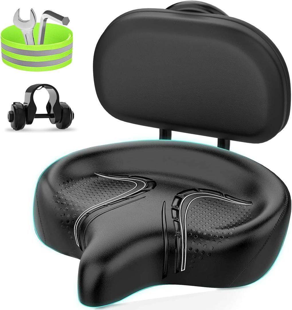BLUEWIND Oversized Bike Seat, Wide Bicycle Saddle Novel Backrest Design for Electric Bike, Universal Fit Exercise Bike or Road Stationary Bike Seat Cushion for Men & Women
