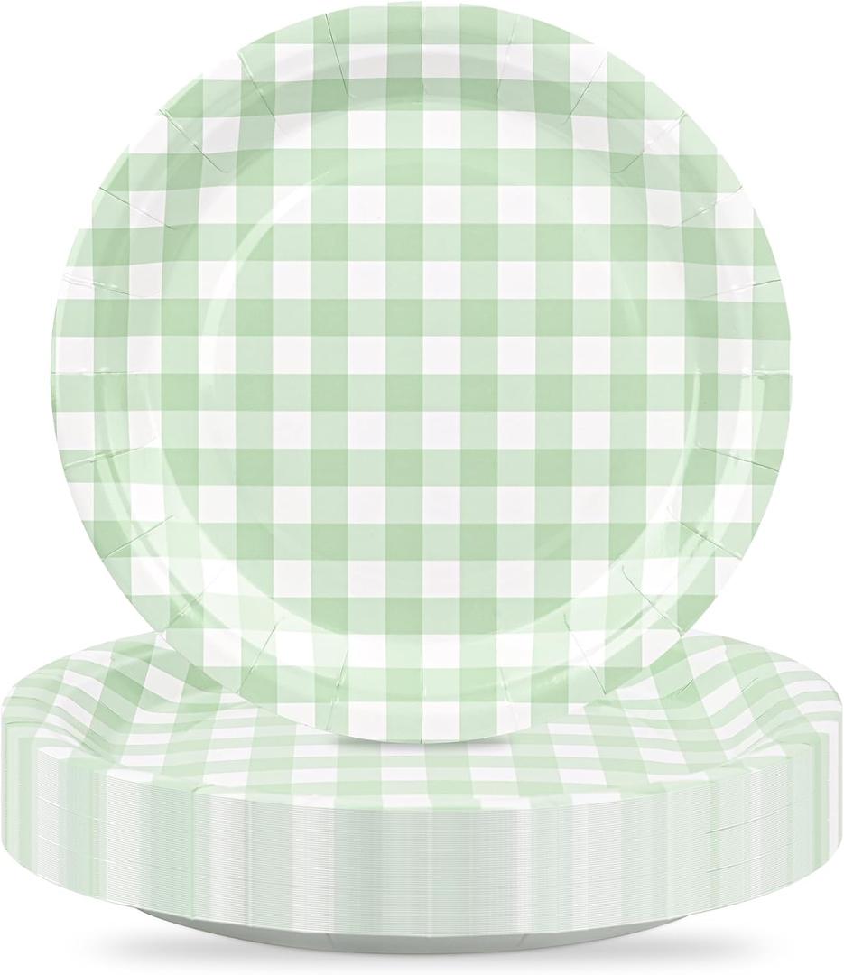 48Pcs Gingham Party Supplies Sage Green Paper Plates 9 inches Disposable Plaid Decorative Dinner Dessert Serving Plates for Baby Shower Wedding Birthday Party