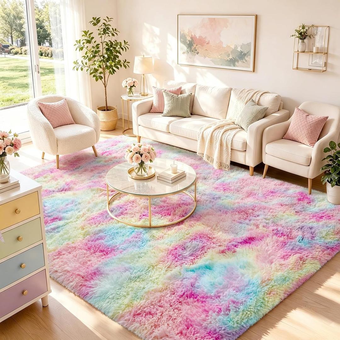 Ophanie 6x9 Rainbow Rug for Bedroom Girls, Unicorn Colorful Fluffy Soft Cute Fuzzy Area Rugs, Shag Plush Shaggy Bedside Floor Furry Carpet for Kids Baby Dorm Home Decor with Over 99 pcs Pile fibers